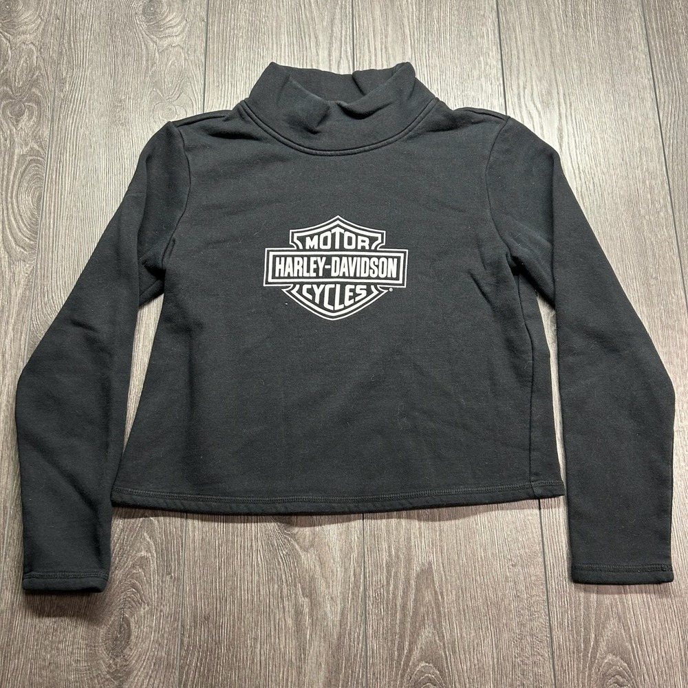 Harley Davidson Womens Medium Black Cropped Mock Neck Sweatshirt Logo Biker Y2k